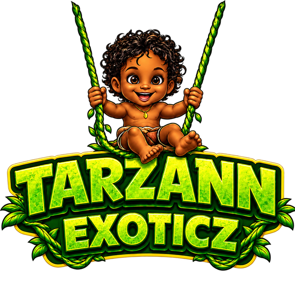 Official Tarzann Exoticz transparent neon green logo with baby swinging on jungle vines